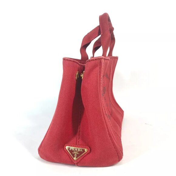 PRADA Logo Plate Canapa CANAPA MINI Hand Bag Tote Bag Canvas Red - Picture 2 of 16